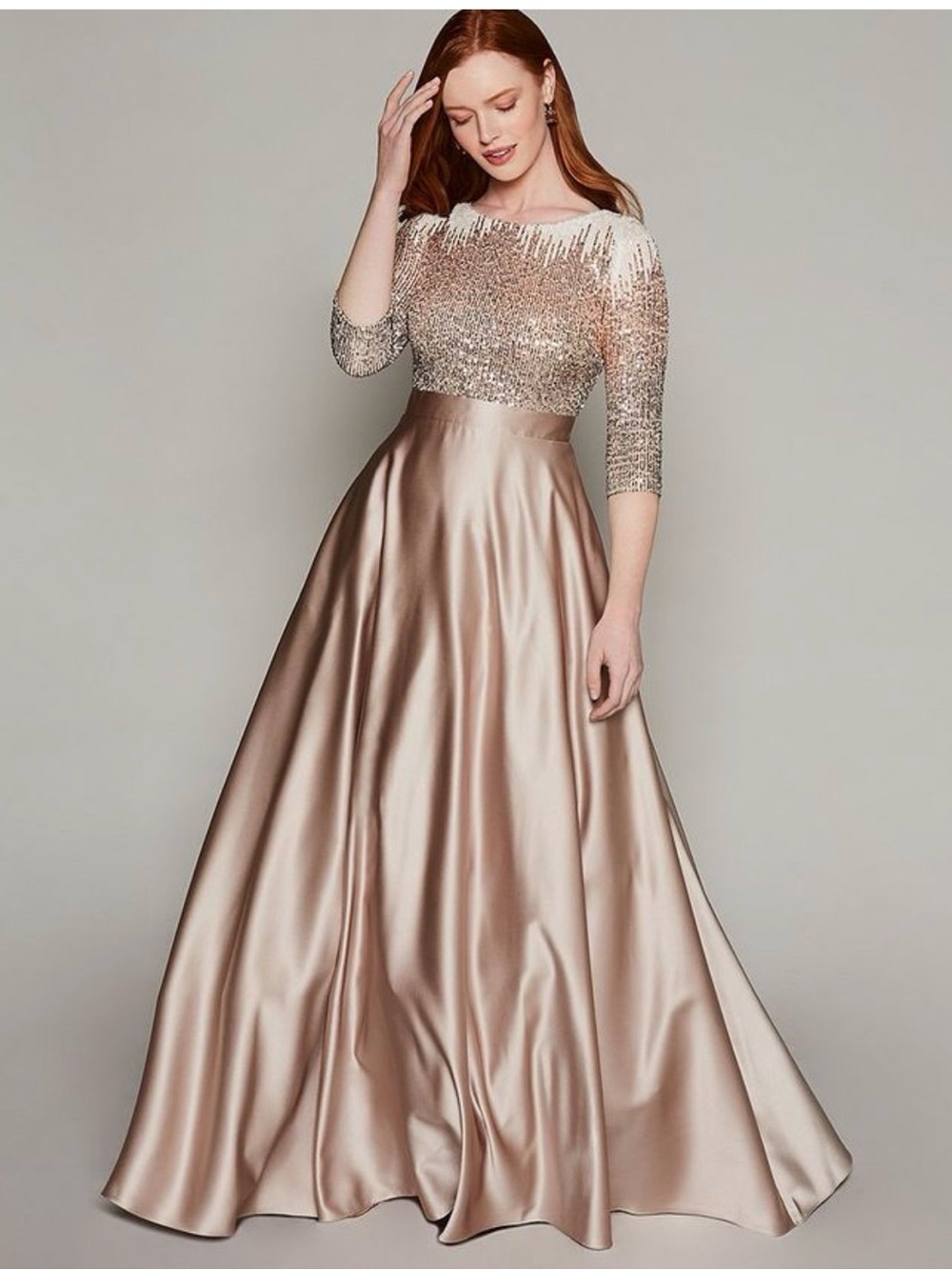 MELANIE LYNE -  Gold Satin A-Line Gown with Beaded Bodice